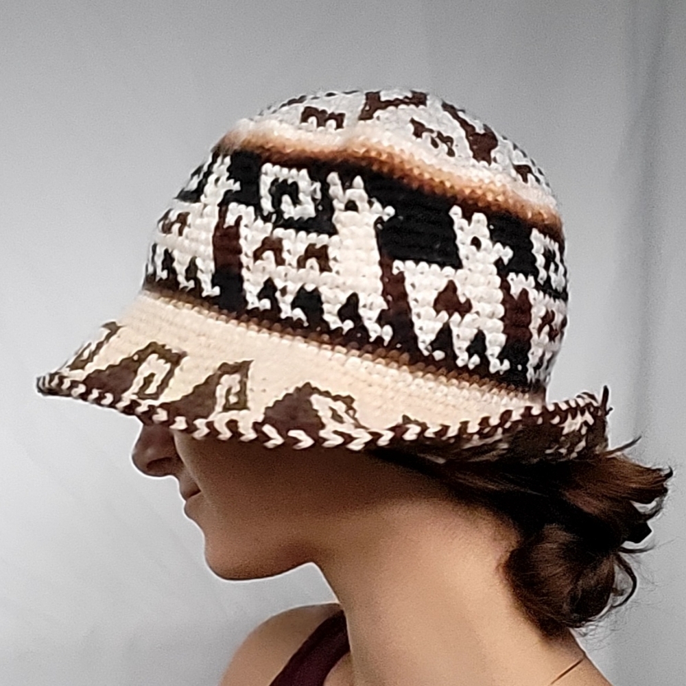 Handcrafted Alpaca Patterned Bucket Hat - Cream and Brown